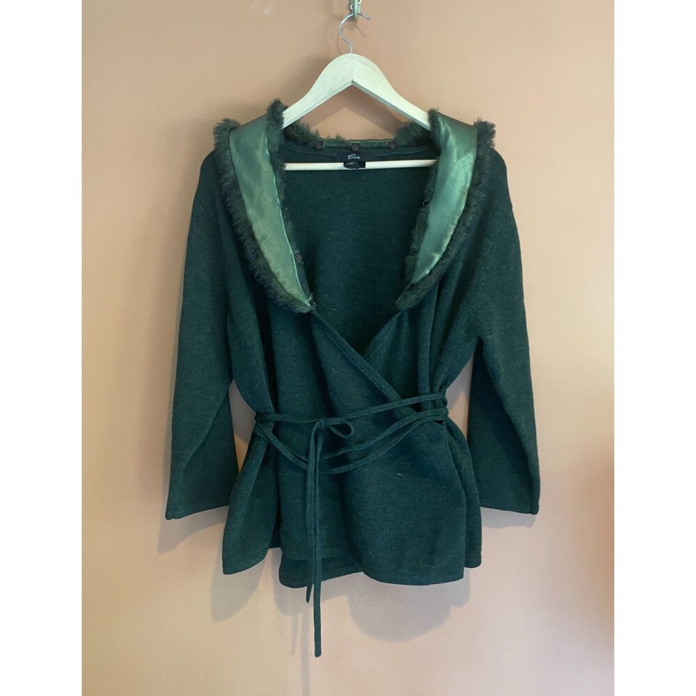 Green Wool Blend Belted Wrap Cardigan Fuzzy Collar Whimsigoth Sweater